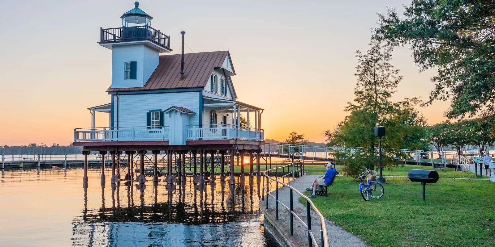 The 1886 Roanoke River Lighthouse in Edenton, NC at sunset